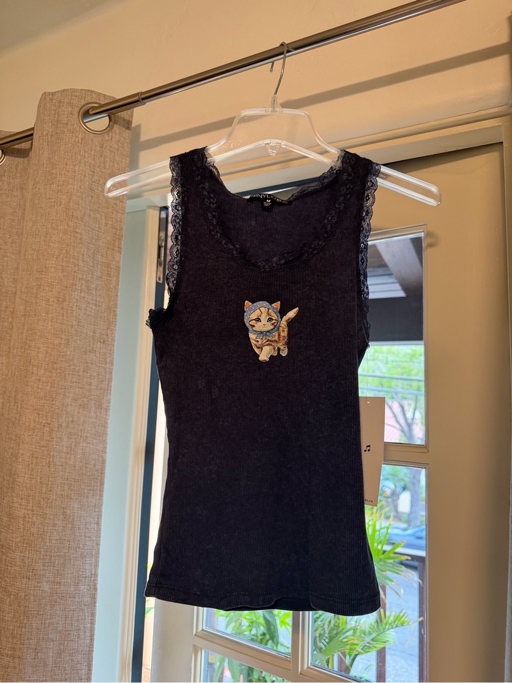 The Vinyl Icons Blue Lace-Trim Ribbed Tank Top with Kitten Embroidery size med